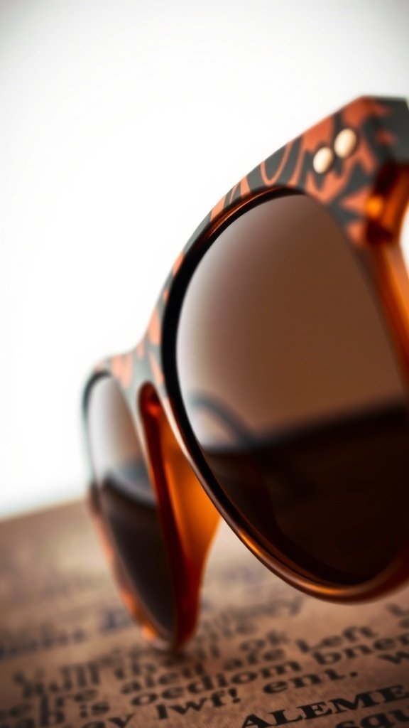 Close-up of vintage sunglasses with intricate patterns and warm tones