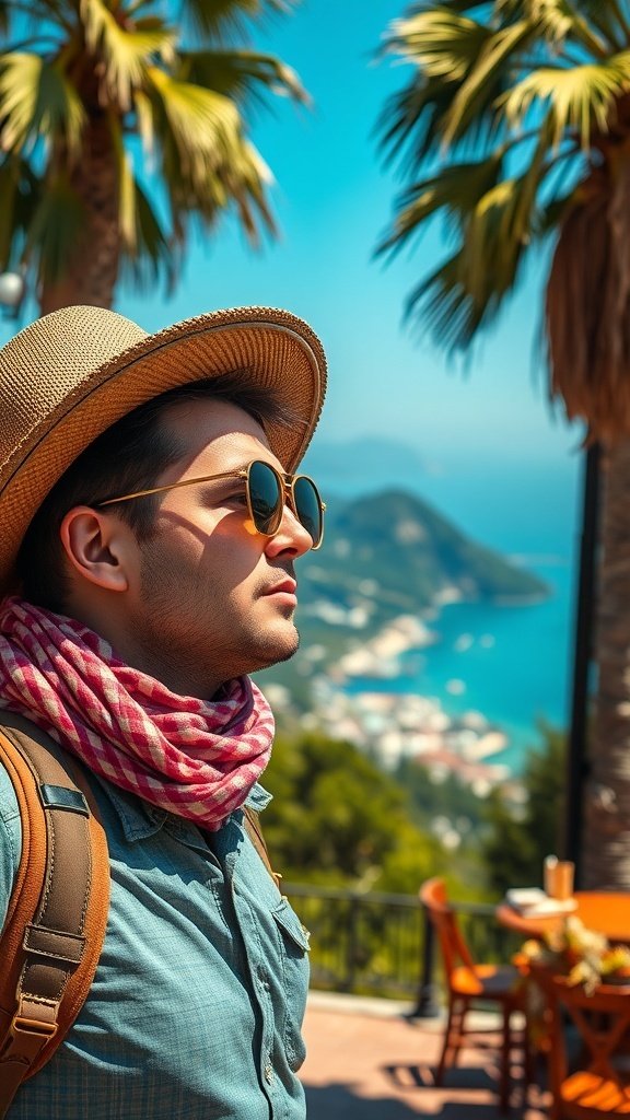 A traveler wearing vintage sunglasses, a straw hat, and a scarf, enjoying a scenic view with palm trees and the ocean in the background.