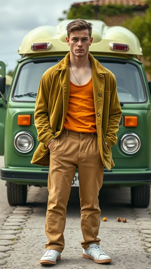 A young man in a mustard jacket and orange tank top stands in front of a vintage green van, showcasing a stylish 1960s-inspired outfit.