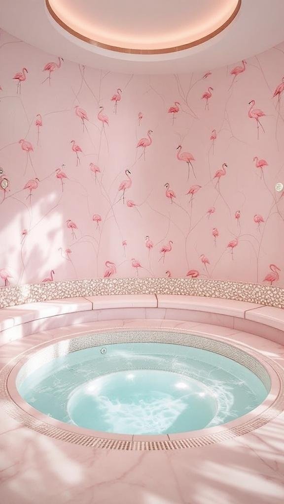 A circular hot tub with pink and teal tiles, surrounded by a flamingo-patterned wall.