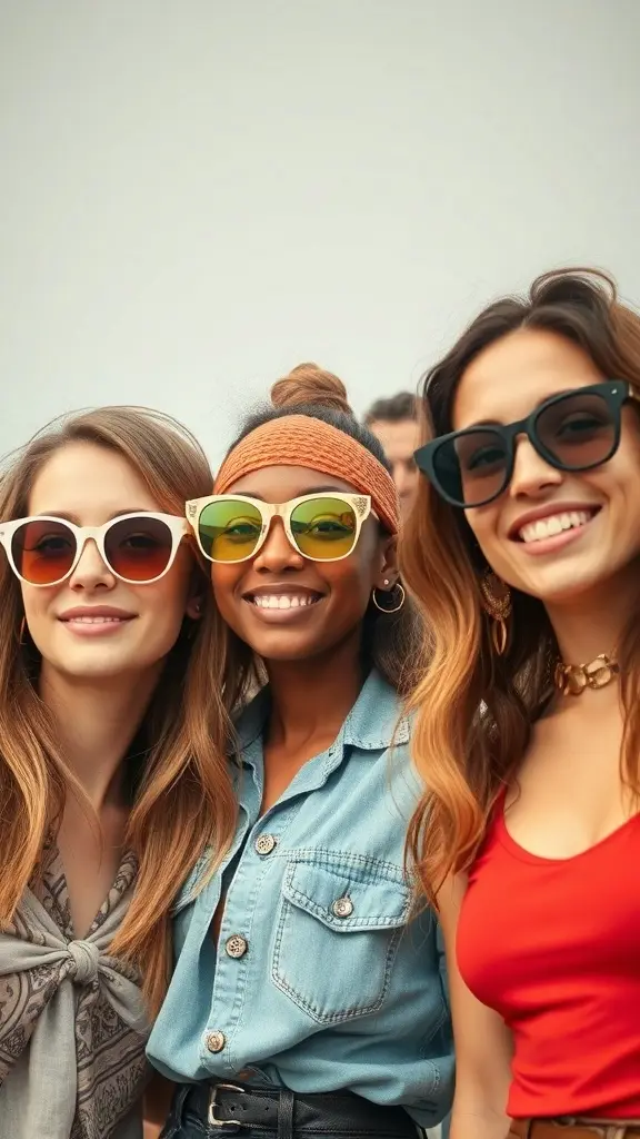 A diverse group of people wearing various styles of vintage sunglasses.