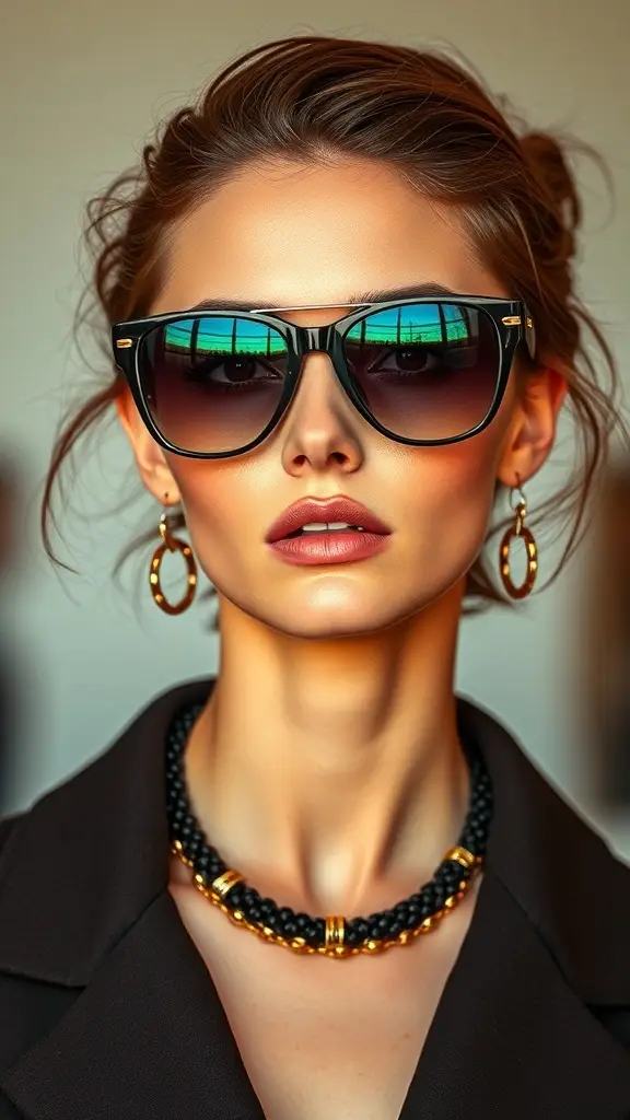 A model showcasing vintage sunglasses, wearing a stylish outfit with elegant accessories.