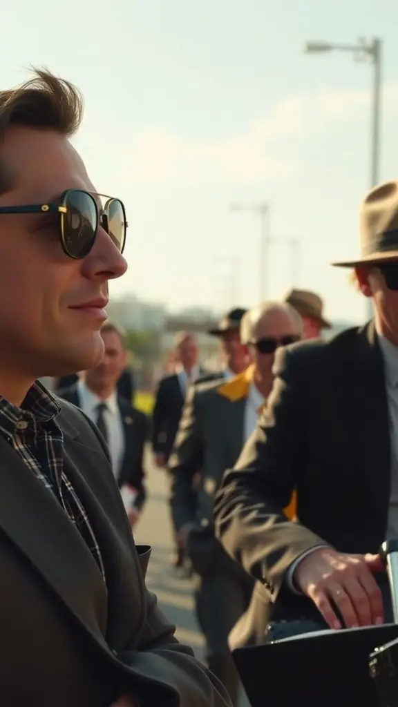 A stylish individual wearing vintage sunglasses, surrounded by a crowd, evoking a classic film vibe.