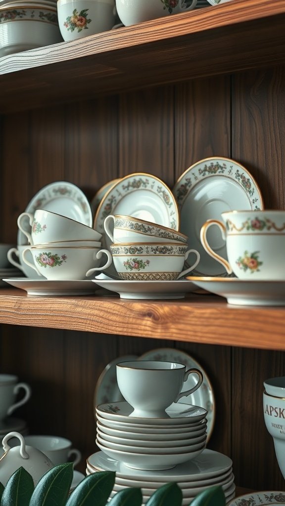 A collection of vintage tea cups, saucers, and pots displayed on a wooden shelf.