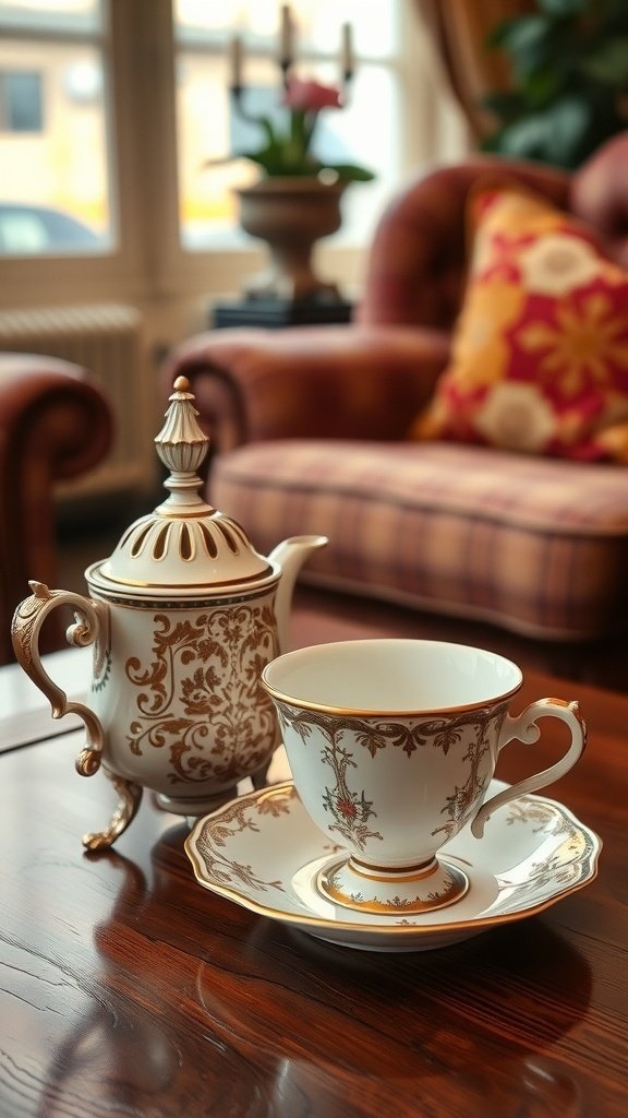 A vintage sugar pot next to a tea cup and saucer in a cozy lounge setting.