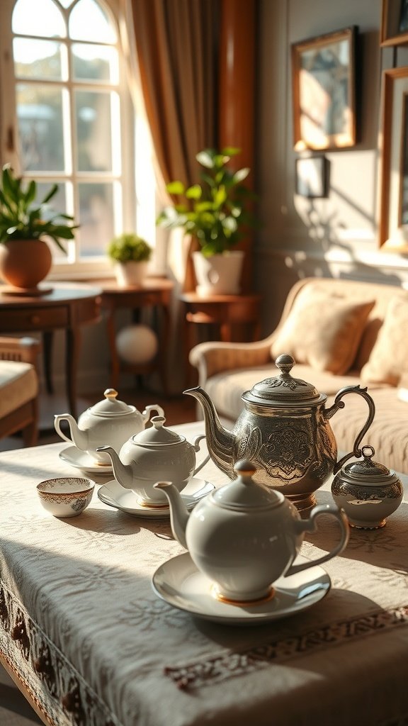 A vintage tea set including a teapot, sugar pot, cups, and saucers arranged on a table in a cozy lounge with sunlight streaming through the windows.