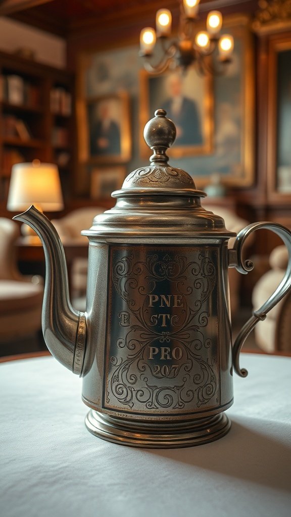 A vintage tea pot with intricate engravings displayed in a cozy lounge setting