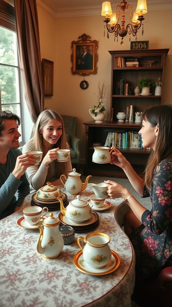 Three friends enjoying tea with a vintage tea set in a cozy lounge setting.