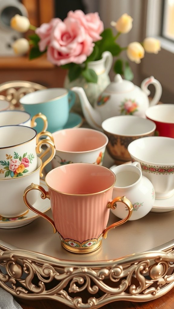 A collection of vintage tea cups, a tea pot, and a sugar pot arranged on a decorative tray with flowers in the background.
