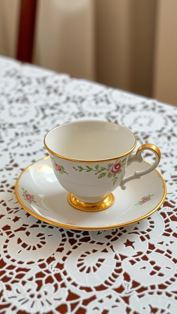 A vintage tea cup on a saucer with gold accents, placed on a lace tablecloth.