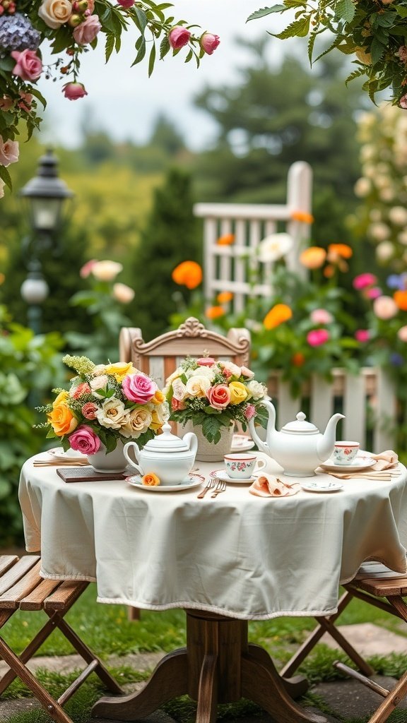 A vintage tea set on a table surrounded by flowers in a garden setting.