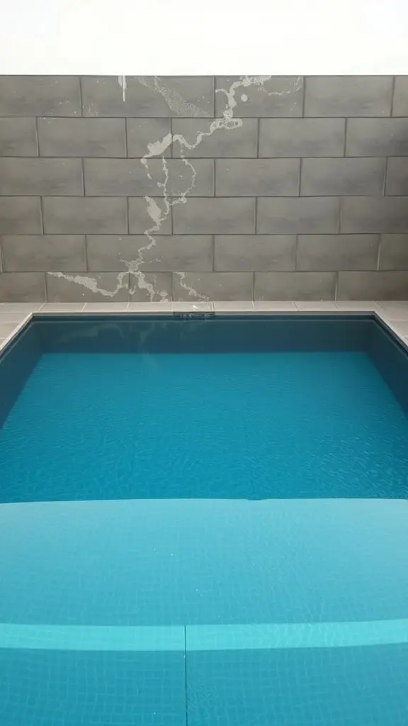 A modern swimming pool with clear blue water and textured gray walls.