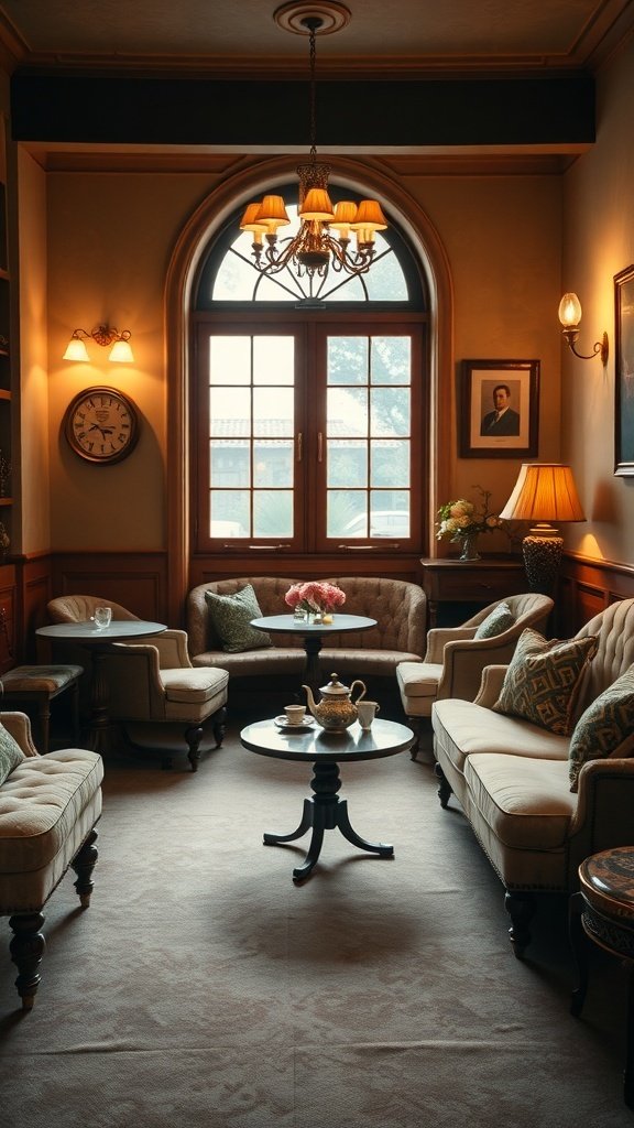 A cozy vintage lounge with a tea set, plush armchairs, and warm lighting.