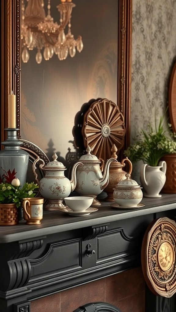 A vintage tea set displayed on a mantel with a chandelier in the background.