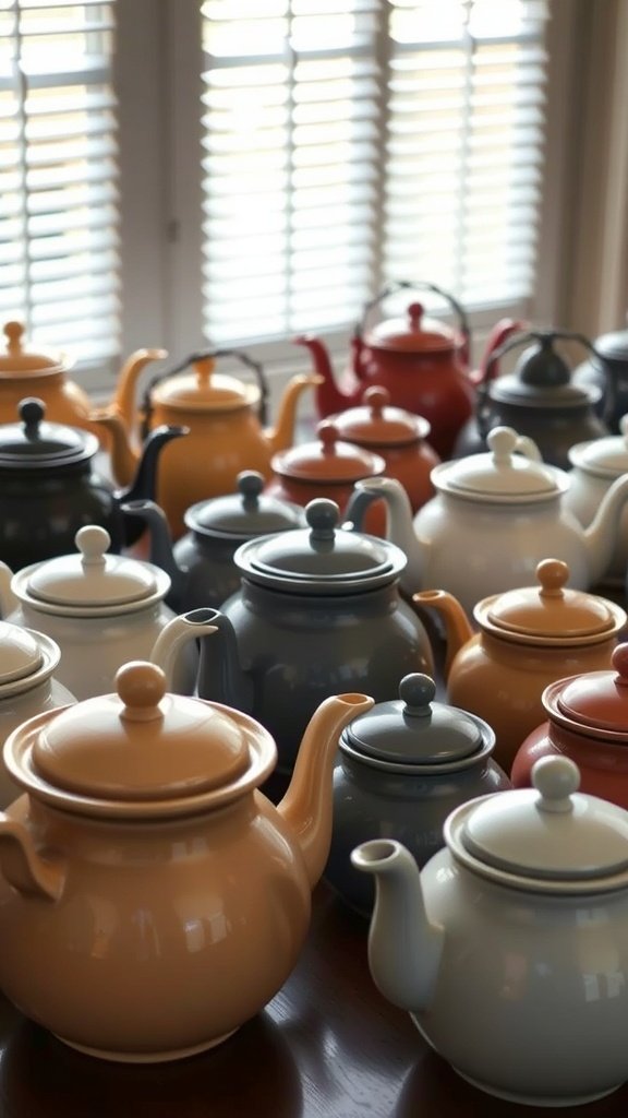 A collection of vintage tea pots in various colors and styles, displayed on a table.