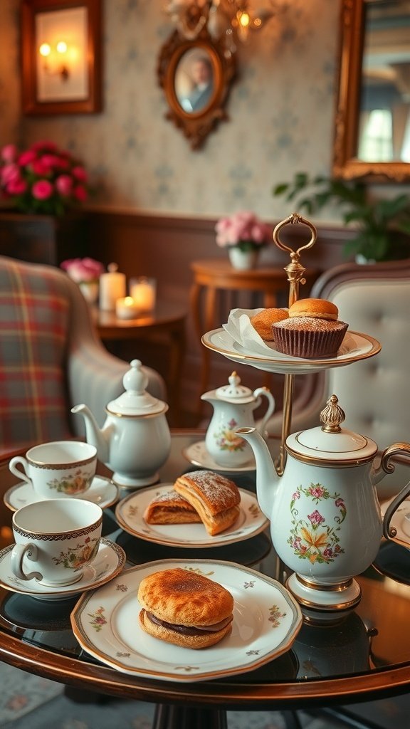 A vintage tea set displayed on a table, featuring a teapot, sugar pot, and tea cup with a slice of cake and pastries.