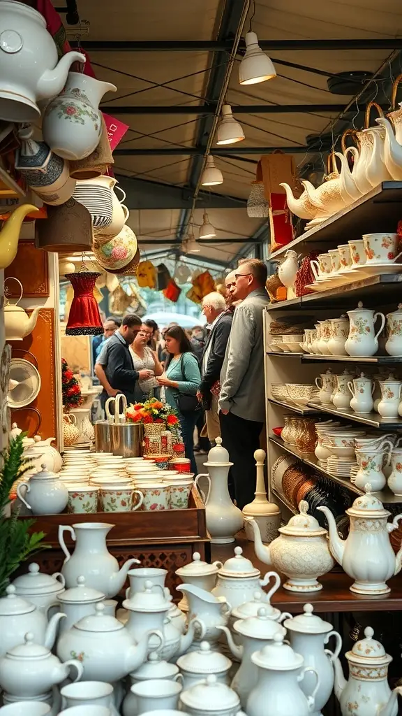 A vibrant flea market scene with various vintage tea sets displayed on shelves and tables.