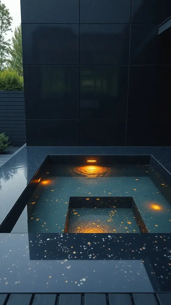 A dark pool surface with golden specks, resembling a starry night sky.