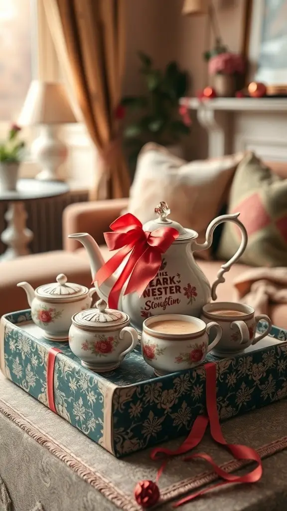 A vintage tea pot and sugar pot set wrapped elegantly, placed on a tray in a cozy lounge setting.