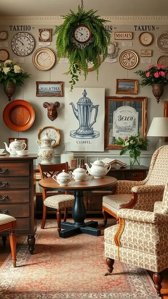A vintage lounge setting featuring a tea pot, tea cup, saucer, and sugar pot on a round table, surrounded by decorative wall art and cozy furniture.