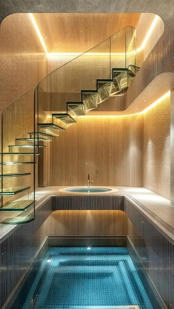 A stylish indoor pool with a spiral staircase and turquoise tiles, creating a serene and luxurious atmosphere.