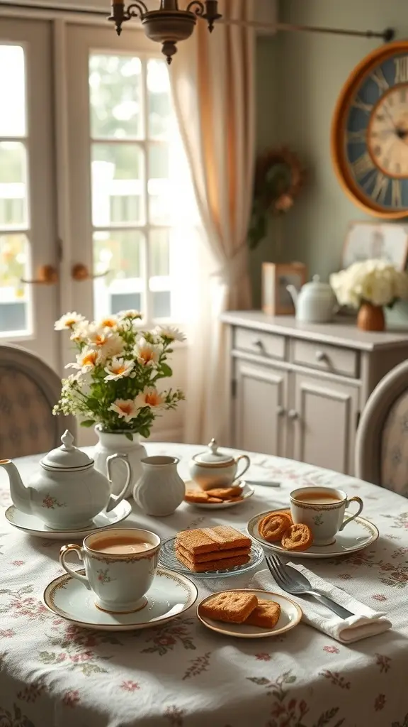 A vintage tea setting with a teapot, cups, sugar pot, and biscuits on a floral tablecloth.