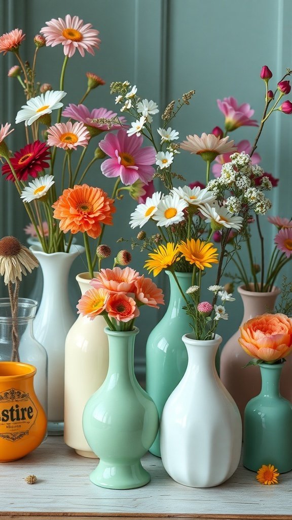 A collection of colorful vintage milk glass vases filled with fresh flowers.