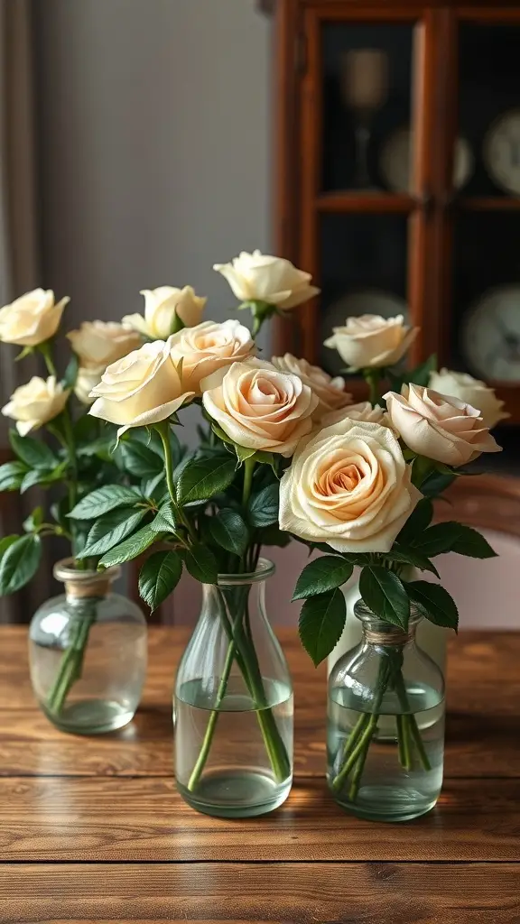 A collection of vintage glass vases holding fresh creamy roses on a wooden table.