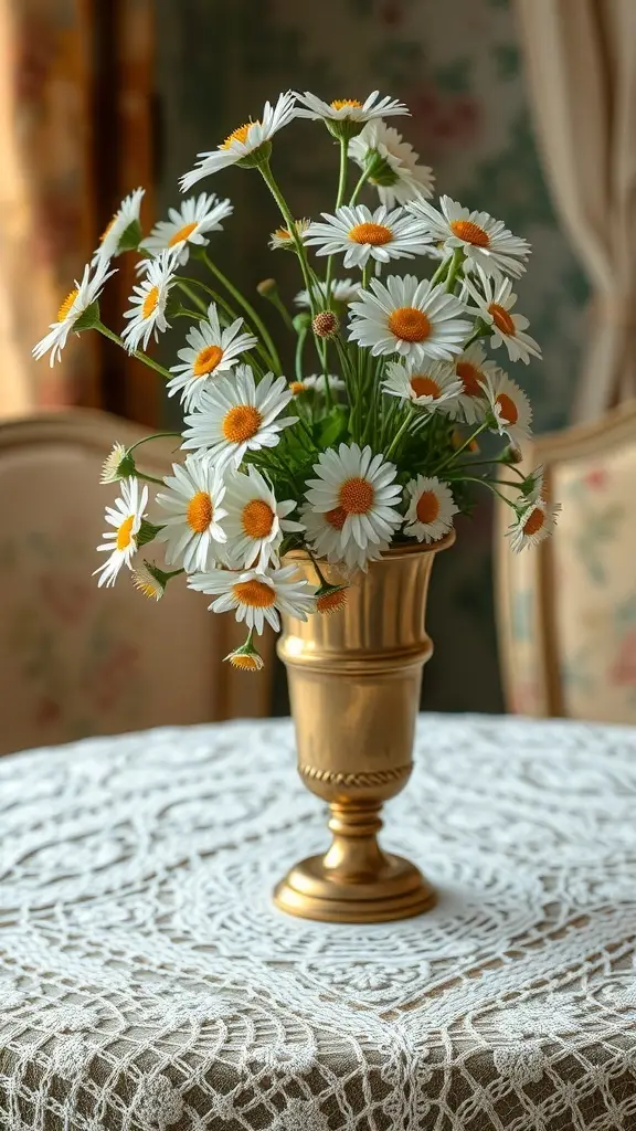 Antique brass vase filled with daisies on a lace tablecloth
