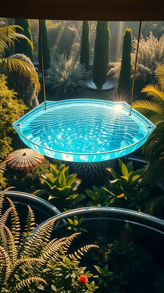 A glass-enclosed swimming pool with two people jumping in, surrounded by plants and sunlight.