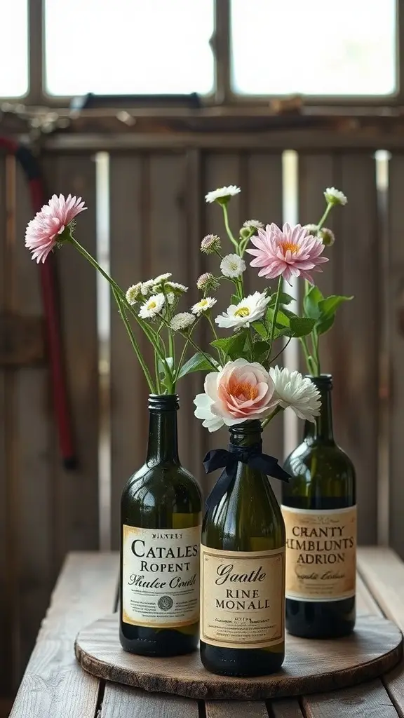 Three vintage wine bottles with flowers arranged in them on a wooden surface.