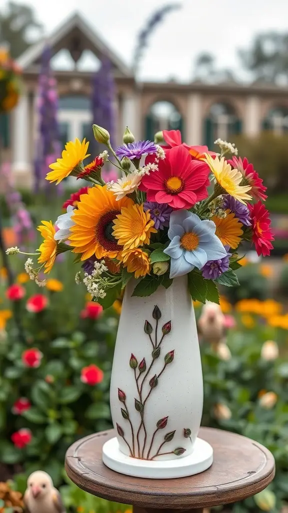 A colorful arrangement of flowers in a vintage birdhouse vase, surrounded by a vibrant garden.