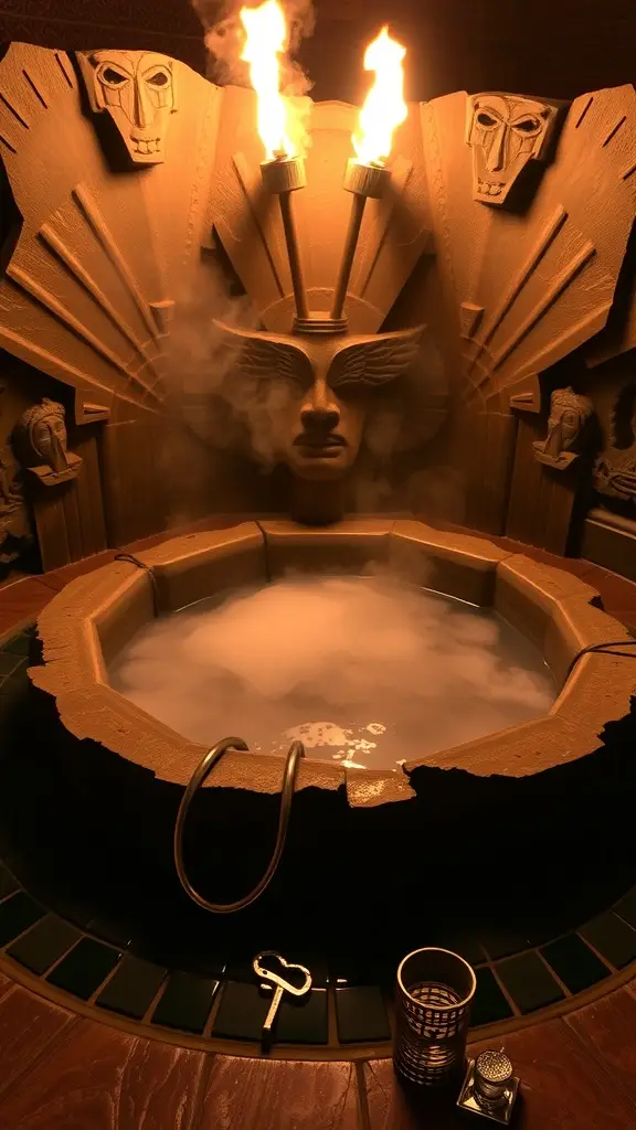 A circular hot tub surrounded by carved stone walls with steam rising and flames above.