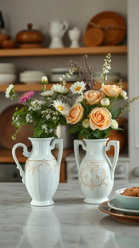 Two antique ironstone vases with fresh flowers on a marble countertop