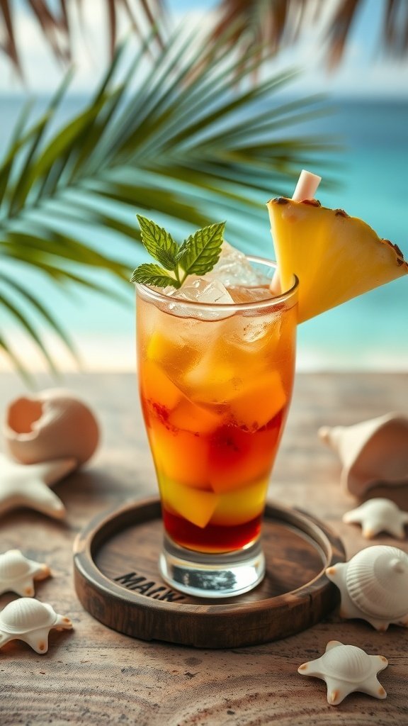 A colorful Mai Tai cocktail garnished with mint and a pineapple slice, set against a tropical backdrop.