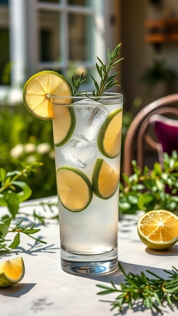 A refreshing gin and tonic cocktail with lime and rosemary garnish