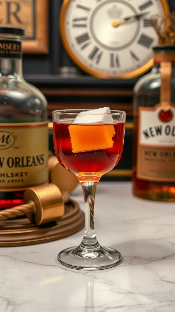 A Sazerac cocktail with a lemon twist garnish, surrounded by vintage liquor bottles.