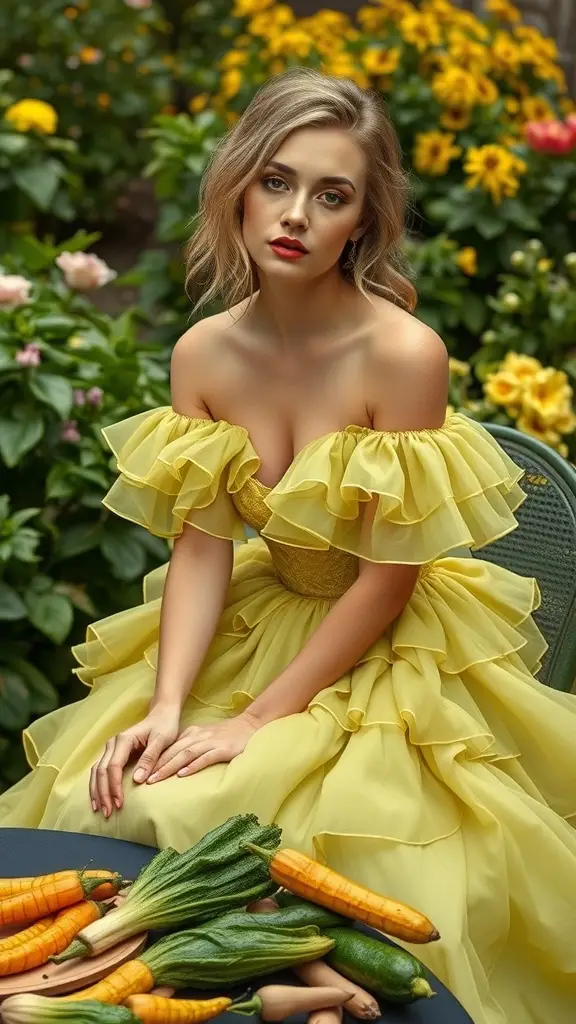 A woman in a vibrant yellow off-shoulder gown with ruffles, sitting among fresh vegetables.