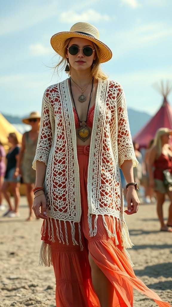 A woman in a crochet cardigan and a vibrant dress, embodying bohemian style at a festival.