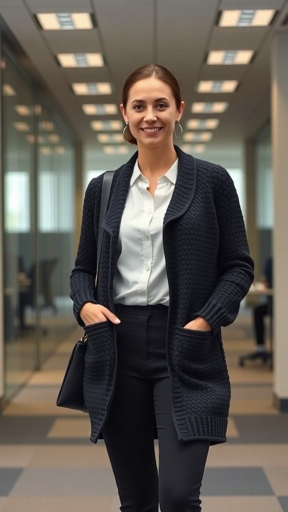 A woman in a dark crochet cardigan, light blouse, and tailored pants, smiling in an office setting.