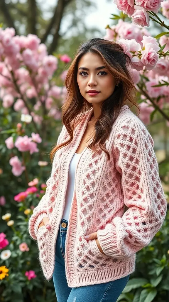 A pastel coloured cardigan on a woman.