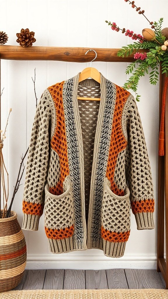 A crochet cardigan in earthy tones with a unique pattern, hanging on a wooden rack.