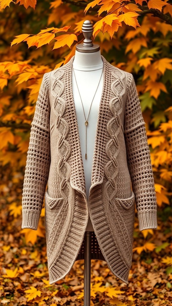 A cozy crochet cardigan displayed on a mannequin, surrounded by autumn leaves.