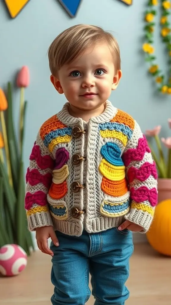 Colorful crochet cardigan for kids with pom-poms and buttons, styled with jeans and sneakers.