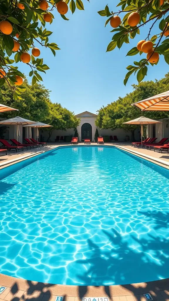 A beautiful swimming pool surrounded by citrus fruits and greenery, evoking a serene and stylish atmosphere.