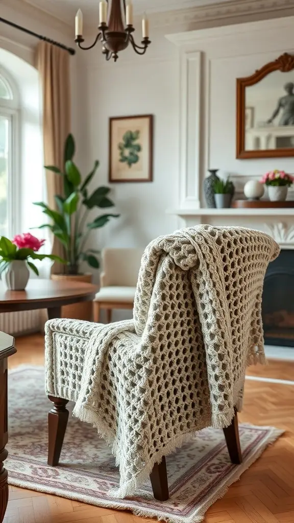 A cozy crochet cardigan draped over a chair in a well-decorated living room