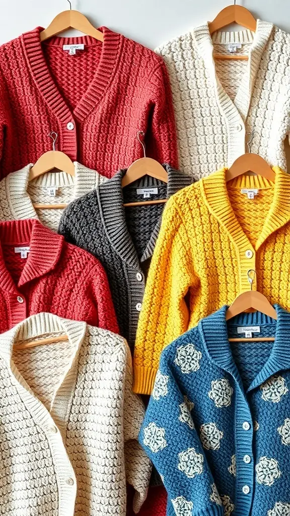 A collection of colorful crochet cardigans hanging on wooden hangers, showcasing various styles and colors.