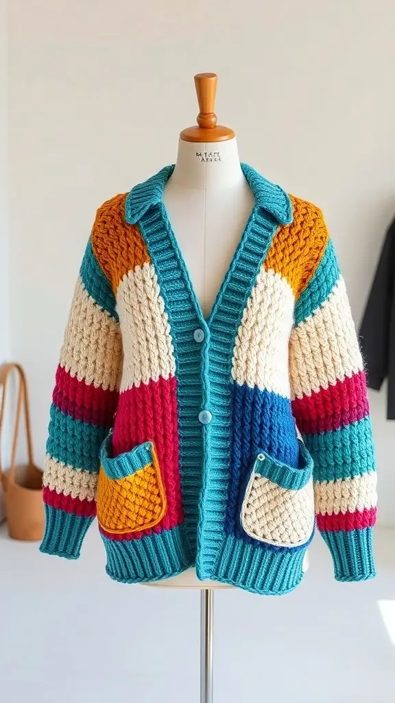A colorful, chunky crochet cardigan with bold stripes in teal, orange, pink, and cream, featuring pockets and a button closure.