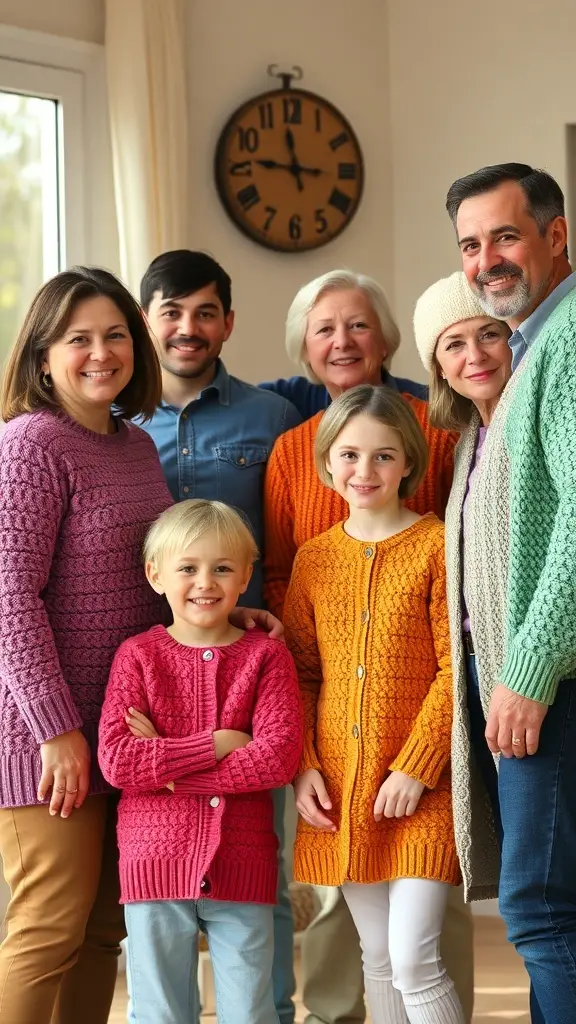A family gathered indoors wearing colorful crochet cardigans, smiling and enjoying each other's company.