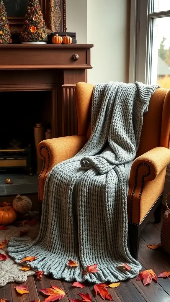 A cozy long crochet cardigan draped over an armchair, surrounded by autumn decorations and leaves.